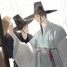 a drawing of two men wearing hats and kimonos standing next to each other