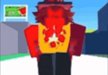 a cartoon character in a red and yellow outfit is standing in front of a building in a city .