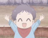 a little boy with his arms in the air and a smiley face