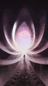 a painting of a person walking through a tunnel