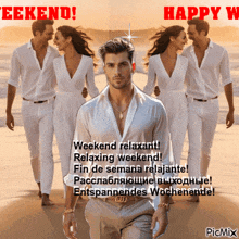 a man in a white shirt stands in front of a group of people with the words weekend relaxant written above him