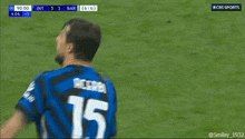 a soccer player wearing a number 15 jersey stands on the field
