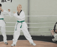 a person in a taekwondo uniform kicking another person in a ring