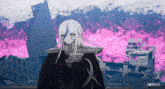 a girl with white hair and blue eyes is standing in front of a destroyed city