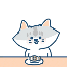 a cartoon cat is sitting at a table eating a piece of fish .