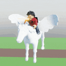 a boy in a red shirt is riding on the back of a white winged horse