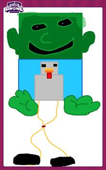 a drawing of a hulk holding a chicken with a tomy phone logo in the corner