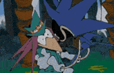 a cartoon of sonic the hedgehog and tails in a forest with trees in the background .