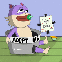 a cartoon character with a pacifier in his mouth is sitting in a bowl with a sign that says adopt me