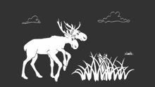 a drawing of a man holding a magnifying glass looking at a moose