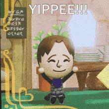 a cartoon character is standing in front of a sign that reads yippee