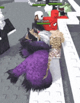 a group of people are playing a video game and one of them is wearing a purple outfit .