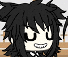a cartoon character with black hair and a bow tie is smiling and wearing a suit and tie .