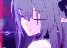 a close up of a purple haired anime girl