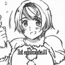 a black and white drawing of a girl with the words hi antonia