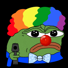a green frog wearing a rainbow wig and a bow tie is holding a gun
