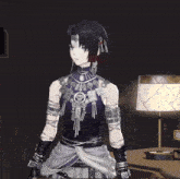 a girl with a necklace that has a skull on it is standing in front of a lamp