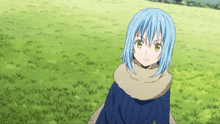 a girl with blue hair is standing in a field