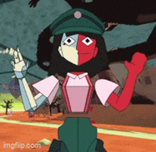 a cartoon character with a green hat and a red and white face is waving .