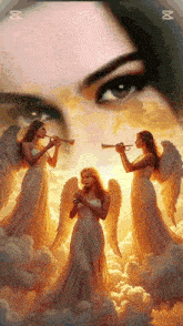 three angels are playing trumpets in front of a woman 's eye