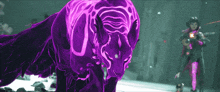a purple tiger is standing in front of a woman with a gun