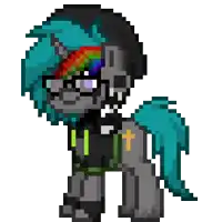 a pixel art of a pony wearing glasses and a rainbow mane