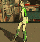 a woman in a green and white outfit is standing in front of buildings