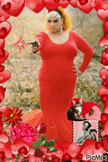 a picture of a woman in a red dress holding a gun is surrounded by hearts
