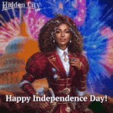 an advertisement for hidden city shows a woman in a red coat