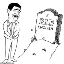 a cartoon of a man standing next to a tombstone that says rip english .