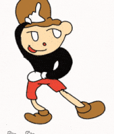a cartoon drawing of a man with a hat and red shorts