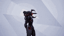 a black robot with red eyes and a claw