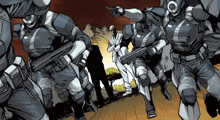 a group of soldiers are walking in a line with one pointing