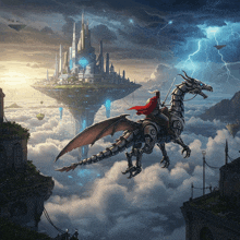 a man in a red cape is riding a dragon