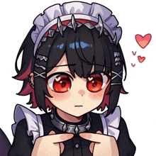 a drawing of a girl with red eyes wearing a maid costume