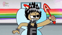 a cartoon character holding a red arrow with the letter a on it