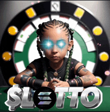 a girl with braids sits in front of a roulette wheel with the word lotto on the bottom