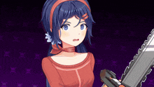 a girl with blue hair is holding a chainsaw with skulls on the background