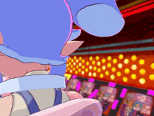 a cartoon drawing of a person playing a slot machine with a blue head