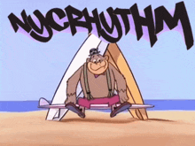 a cartoon of a monkey sitting on a surfboard with nycrhythm written on the bottom