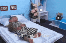 a monkey is laying on a bed with the 24h rebirth timer written on it