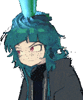 a drawing of a girl with green hair and red eyes with a green object on her head