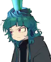 a drawing of a girl with green hair and red eyes with a green object on her head