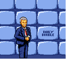 a man in a suit and tie is standing in front of a wall with daily double written on it