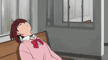 a girl in a pink sweater and red bow tie is laying on a bench