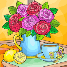 a vase of roses sits next to a cup of tea and lemons