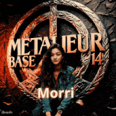 a woman is sitting in front of a metaleur base 14 sign