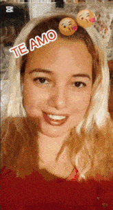 a woman with a te amo sticker on her head