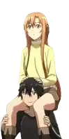 a girl in a yellow sweater sits on the shoulders of a man