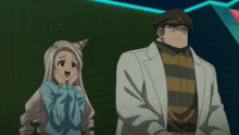a man and a woman are standing next to each other and one has a horn on her head
